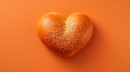 appetizing bun in the shape of a heart with sesame seeds on an orange background, place for copy text