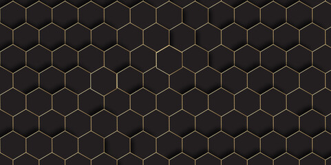 Black background with honeycomb grid pattern. Seamless hexagonal abstract background shape Vector illustration. Backdrops surface and black material concept modern effect for technology banner. 