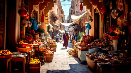 Fototapeta premium A bustling marketplace in Morocco, filled with vibrant textiles, spices, and crafts that embody the essence of Moroccan culture