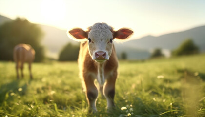 Cute cow grazing in green meadow, enjoying the summer sunlight generated by AI