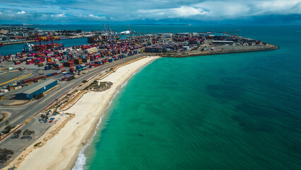 Port Beach, North Fremantle - Perth, Western Australia: 29th of october 2023: a panoramic aerial view of Port beach and Fremantle ports in the background .