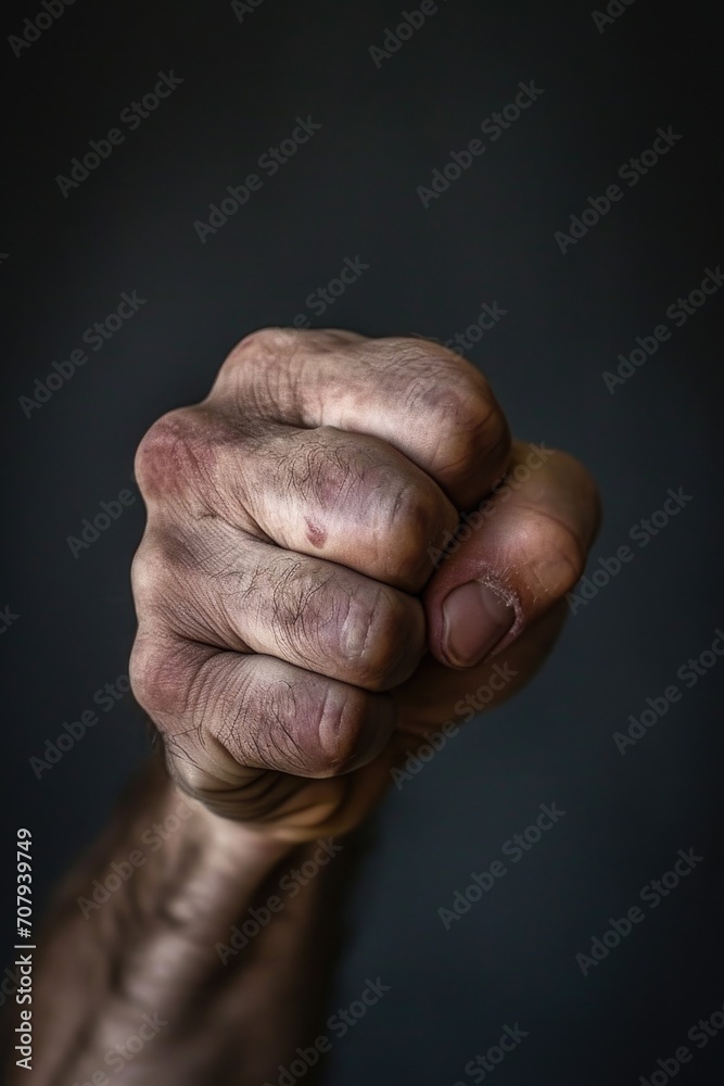 Poster A close-up photograph of a person's fist against a black background. Versatile image suitable for various themes and concepts