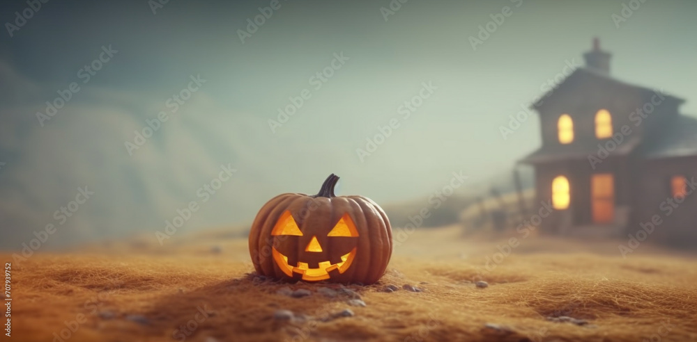 Wall mural spooky pumpkin lantern glows in dark autumn night, halloween celebration generated by ai