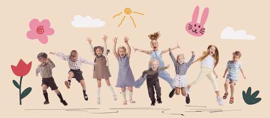 Creative collage with happy kid, children having fun, playing over pastel background with drawings, doodles elements. Concept of school holidays, spring, happiness, carefree, childhood.