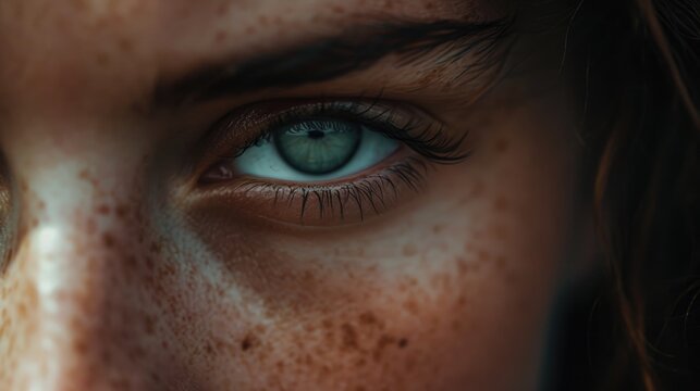A close-up view of a person's eye with unique freckles. This image can be used to represent individuality, natural beauty, or even eye care
