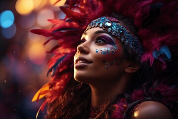 Garota viendo el espectáculo de carnaval, con un disfraz de plumas de colores vibrantes, la cara pintada, Close-up, primer plano, movida por el espíritu festivo, mujer jóven morena, vista perfil 