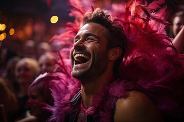 Hombre riendo a carcajadas, viendo el espectáculo de carnaval, con un disfraz de plumas de colores vibrantes, Close-up, primer plano, movido espíritu festivo, disfrutando de la fiesta, rosa vivo