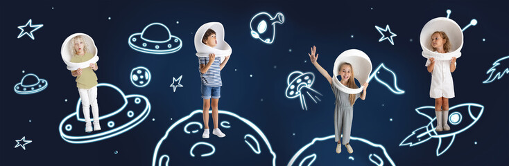 Collage. Tiny explorer, infinite Universe. Creative artwork with little kids in huge white astronaut helmets standing among drawn planets, asteroids and stars in space. Concept of ideas, imagination