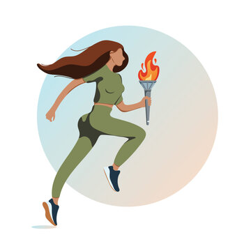 Torchbearer, vector illustration of running athletic woman with Olympic flame.Paris olympics games 2024 . 