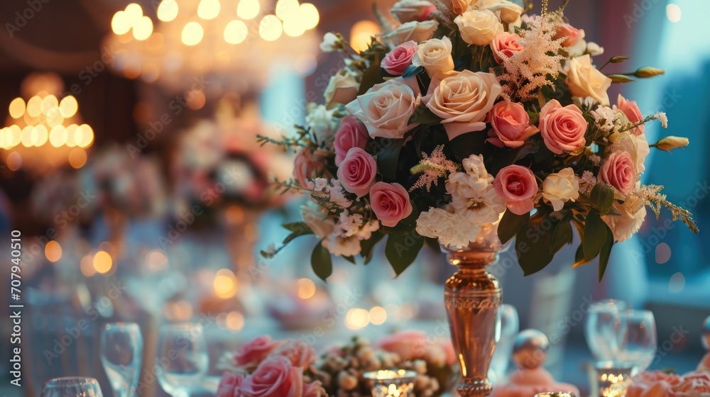 Poster A vase of flowers sitting on a table. Can be used as a decorative element or to add a pop of color to any space