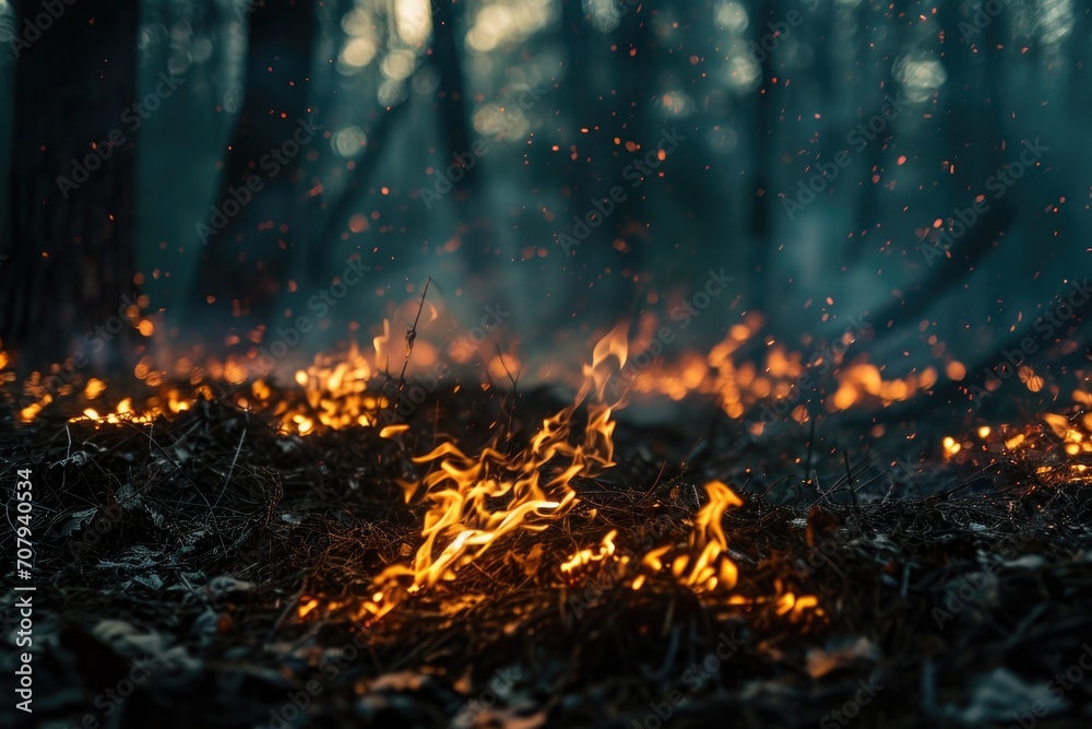 Poster a raging fire in the middle of a forest. perfect for illustrating the destructive power of wildfires