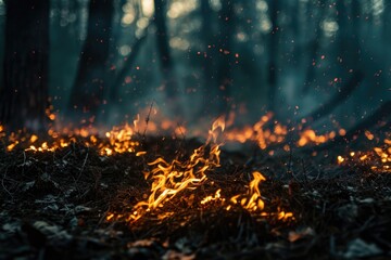 A raging fire in the middle of a forest. Perfect for illustrating the destructive power of wildfires and the need for fire safety precautions - obrazy, fototapety, plakaty