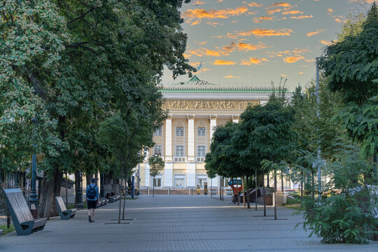 July 22, 2023 Almaty, Kazakhstan. An old Soviet building in the city center.