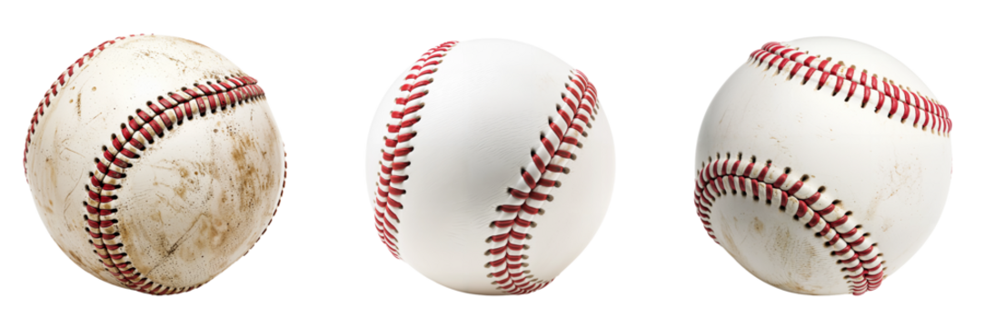 Baseball balls png isolated on white or transparent background, set of 3 leather sports baseballs, collection hd