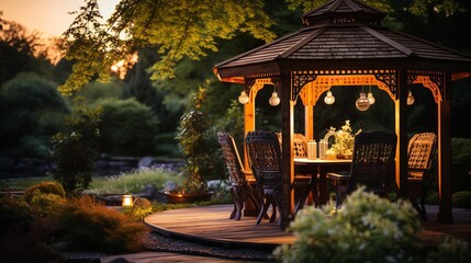 Beautifully designed garden with a rustic wooden gazebo in an opulent residence, Generative AI. - obrazy, fototapety, plakaty
