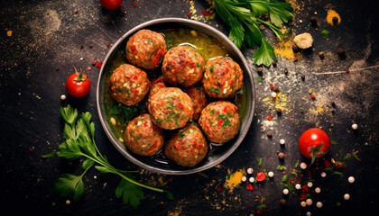 Freshness and flavor on a rustic wooden table, homemade meatballs generated by AI