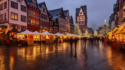 Frankfurt am Main, Hesse, Germany, 27.11.21. Christmas market in Old town square romerberg in Frankfurt in the evening.