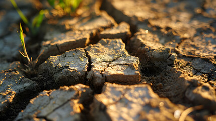 Sunlit Dry Cracked Soil with New Plant Growth