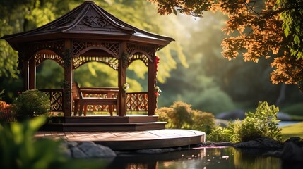 Beautifully designed garden with a rustic wooden gazebo in an opulent residence, Generative AI.