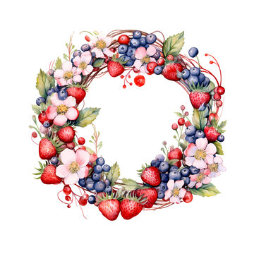 Water color clipart of strawberry wreath with florals.