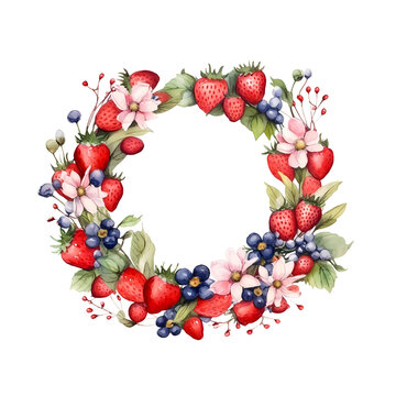 Water color clipart of strawberry wreath with florals.