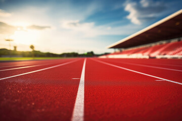 Empty red running track with white lines in a sunlit stadium.