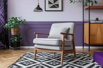 Modern Minimalist Living Room: Gray Wooden Armchair on Black and White Rug with Geometric Violet Wall