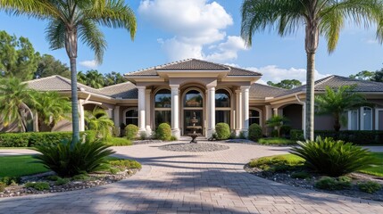 Fototapeta na wymiar Florida Architecture: Front View of a Spacious Home with Carport and Palm Trees