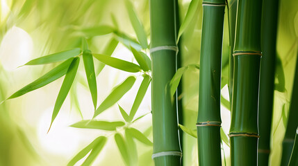 Fototapeta na wymiar Green Bamboo Stalks Close-up with Sunlight Filtering Through Leaves