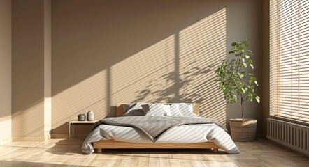 Modern Luxury Bedroom Interior with Beige Wall and Wooden Bed in Sunlight