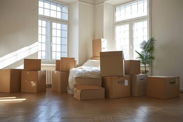 New House Chaos: Moving Boxes and Messy Furniture in Apartment