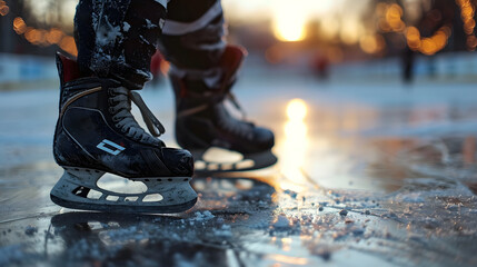 Ice Hockey Skates Close-up on a Frozen Pond at Sunset