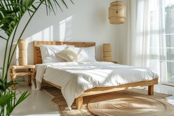 Stylish Ecological Bedroom Setting with Wooden Double Bed and Orthopedic Mattress