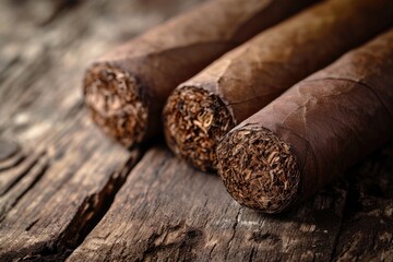 Opulent Opus: Luxurious Cuban Cigars Resting on Aged Wooden Table