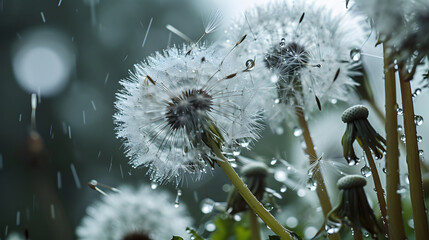 Raindrops on Dandelion Seeds Macro Photography