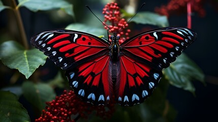 Photo of a close-up shot of a colorful, exotic butterfly on a flower.