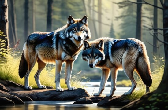 Two wolves in the forest near the river. Beautiful picture of nature and wildlife. watercolor