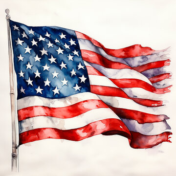 Flag of the United States of America. Watercolor Image of an American flag fluttering in the wind. 4th of July card