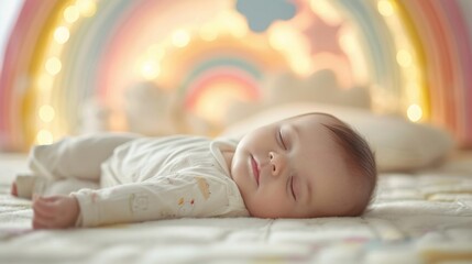 Baby Sleep Day, cute baby sleep in white baby room with pastel toys and rainbow