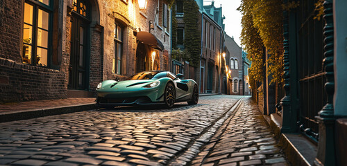 A mint green supercar parked in a cobblestone alley, old town charm around - obrazy, fototapety, plakaty
