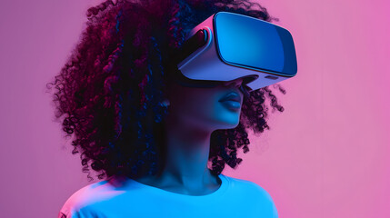 Afro-haired Woman in Virtual Reality Headset with Neon Pink and Blue Lighting