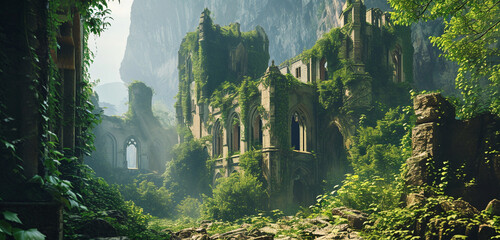 A mysterious, abandoned castle with ivy-covered walls and a haunting aura,