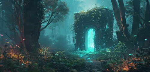 A mystical portal in an enchanted forest, with bioluminescent plants surrounding it,