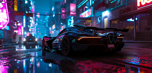 A neon-lit supercar in a cyberpunk cityscape, reflections of neon signs flickering over its sleek...