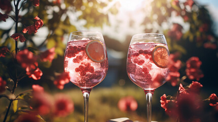 Product photograph of Two Gin Tonic sparkling cocktail with lime  in a field of blooming flowers. Sunlight. Red color palette. Drinks. 