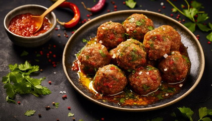 Freshness and spice enhance the gourmet meatball appetizer on wood generated by AI - obrazy, fototapety, plakaty