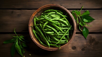 Green beans on wooden vintage table top view. Organic farm food.