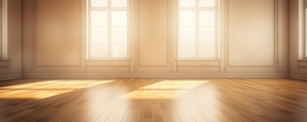 Light gold wall and wooden parquet floor, sunrays and shadows from window