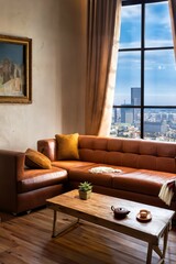 modern living room interior, orange sofa, poster mockup, style living room