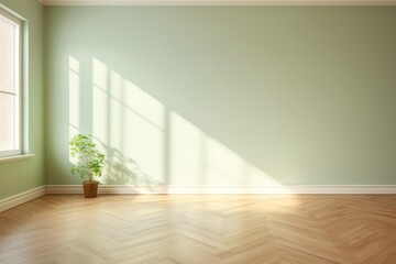 Light green wall and wooden parquet floor, sunrays and shadows from window - obrazy, fototapety, plakaty
